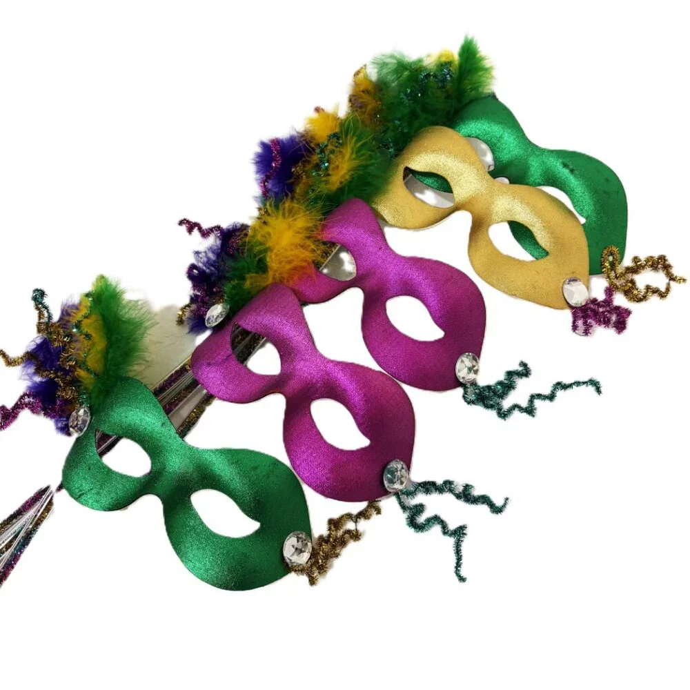 Mardi Gras Masks Set of 5 Colorful Harlequin on Sticks NWT NOS